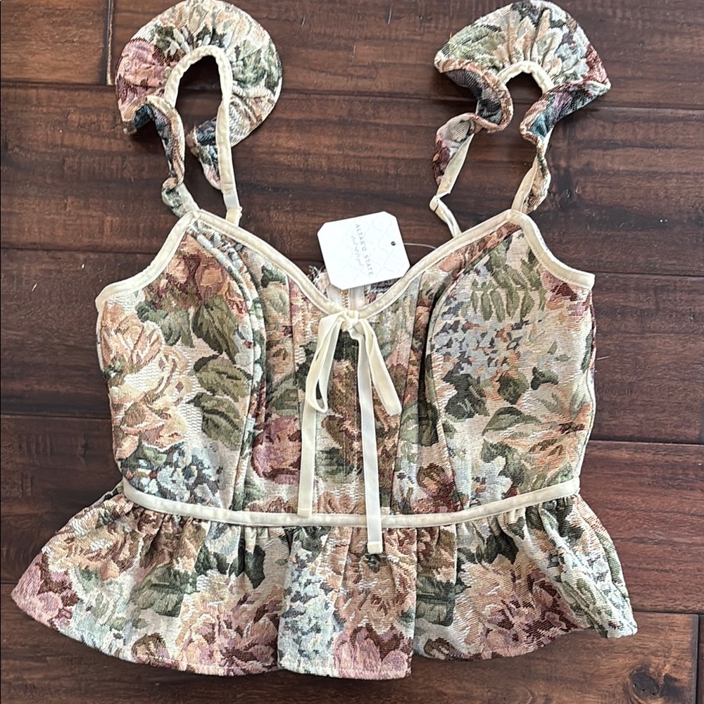 Altar'd State Sleeveless Bustier Peplum Blouse in Pink and Green Size (S)